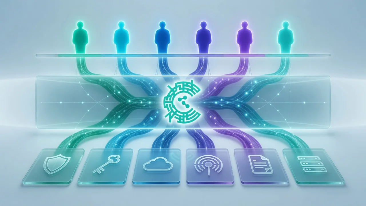 Six people connect through the Corticle mark into six tools underneath: a shield, a key, a cloud, a radar, a document, and servers. The tools stay in place. The layer reads them.